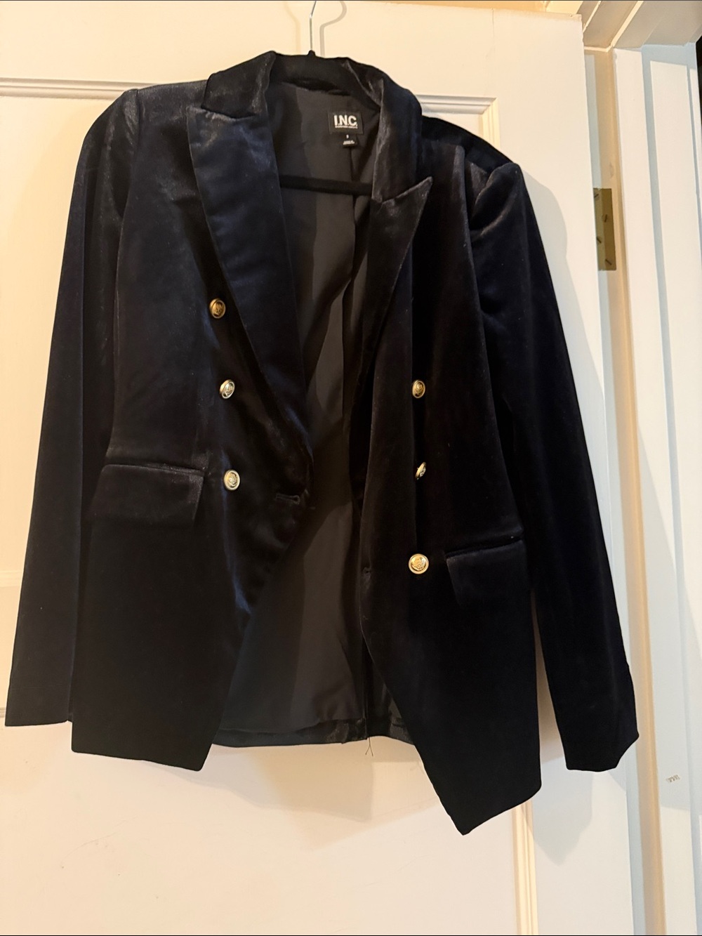 INC International Concepts Black Velvet Double-Breasted Blazer with Gold Buttons